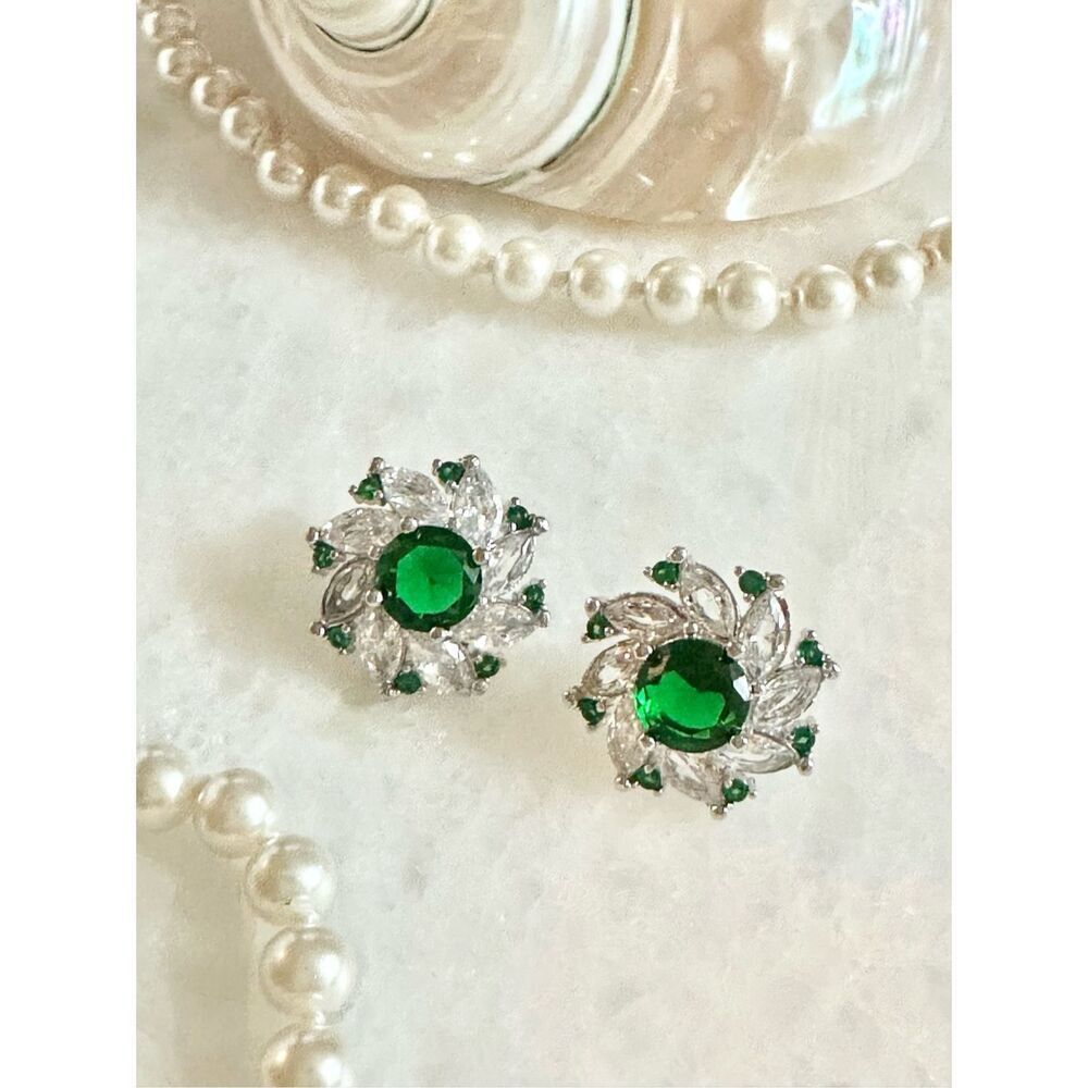 Emerald Green Crystal Floral Stud Earrings
